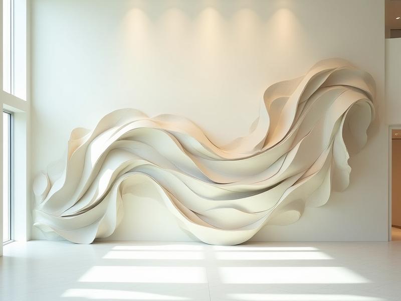 Sculpture en papier grand format dans un hall d'hôtel, aux formes organiques et inspirées de l'eau.