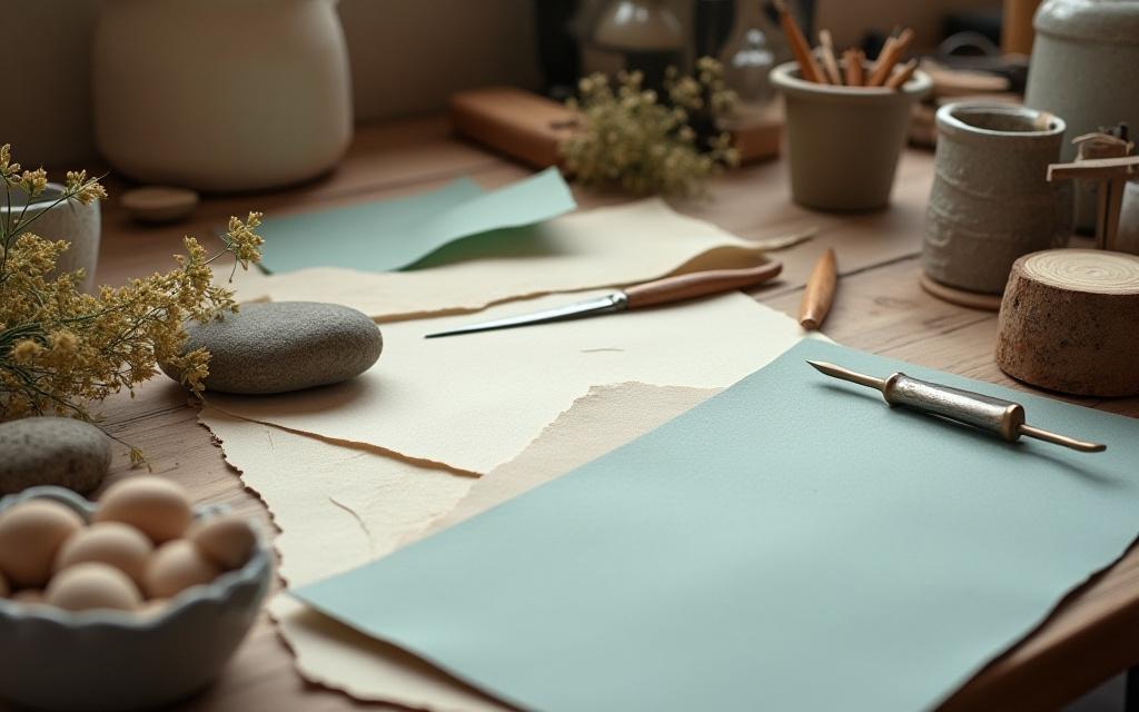 Vue stylisée d'un atelier artisanal, avec des outils traditionnels et des textures de papier uniques.